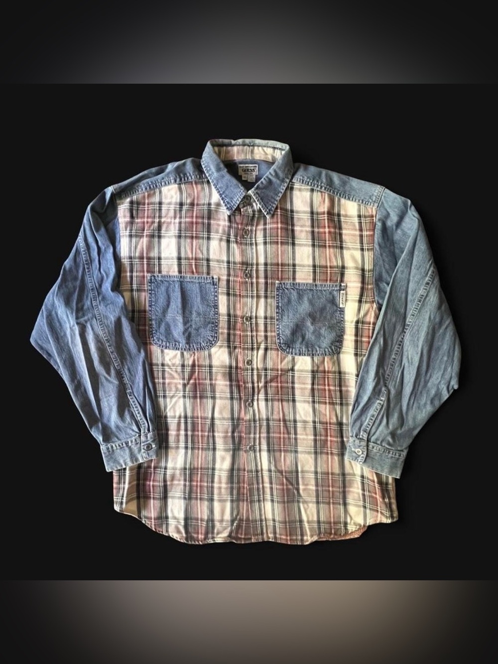 Vintage 90’s Guess denim and plaid patchwork button up men’s Size XL made in 🇺🇸